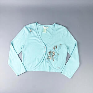 Y2K Crop Cardigan, Point Zero Light Blue Embroidered Button Up Sweater